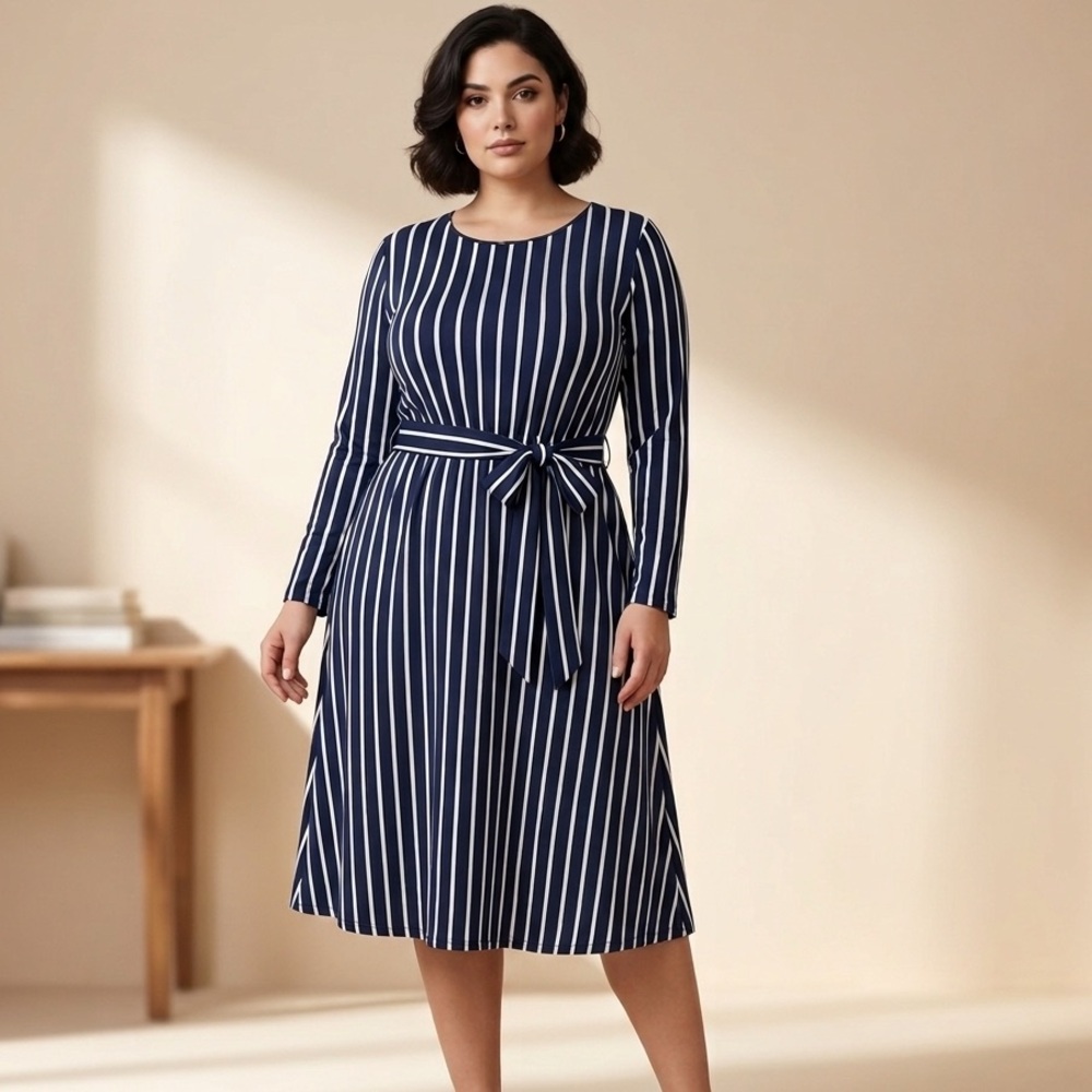 Levaca Womens Blue Striped Polyester Long Sleeve Dress - Size XL